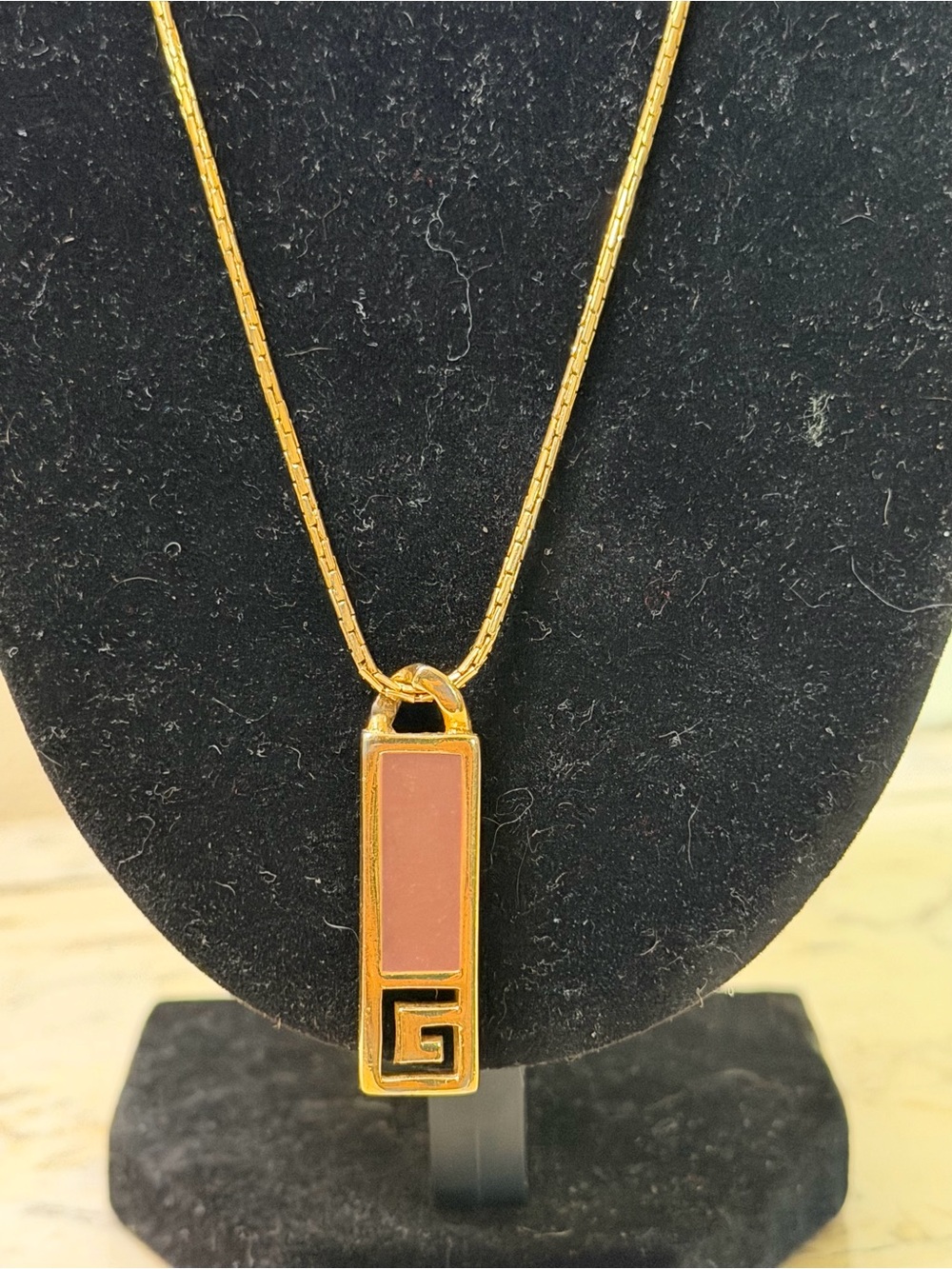 1977 Givenchy Gold Pendant Necklace with Pink Enamel Bar